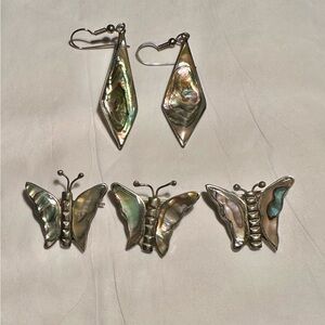 Abalone Shell Earrings and 3 Butterfly Brooch Set